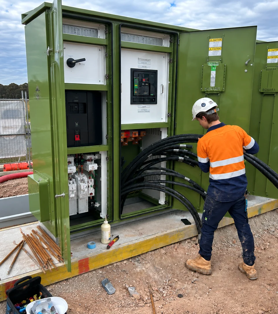 LCJ Group electrician cabling a green electrical kiosk on site